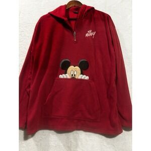Disney Mickey Mouse Sweatshirt XL Hoodie Red Embroidered Black Fleece